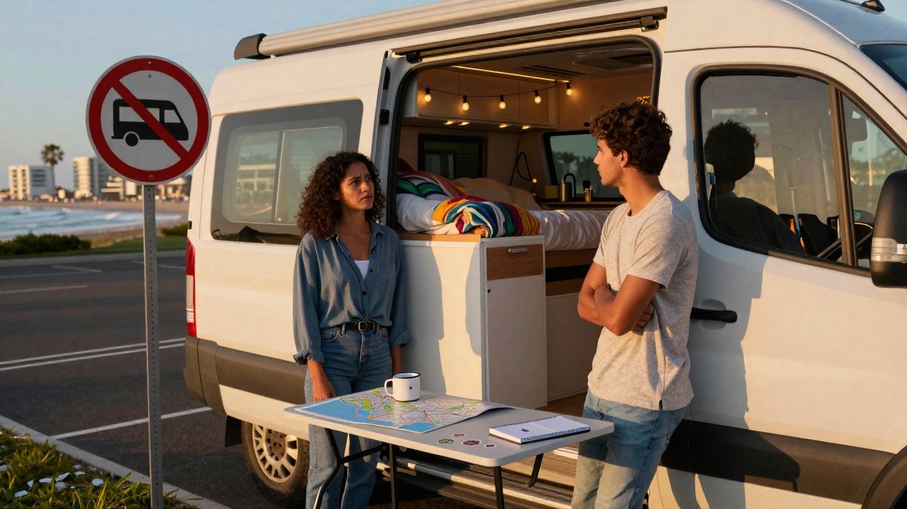 Casal em frente a van branca estacionada perto da praia com placa proibindo trailers.
