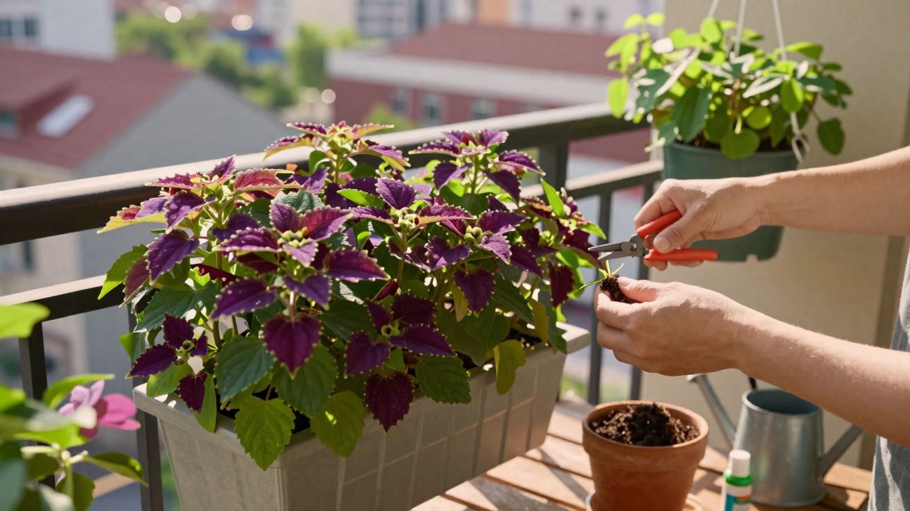 Pessoa podando planta com folhas verdes e roxas em vaso na varanda de apartamento.