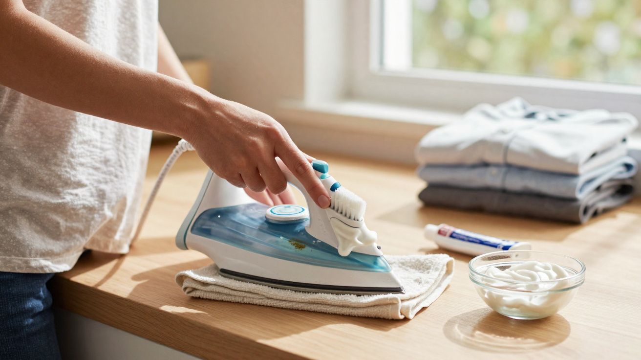 Pessoa usando ferro de passar com escova para remover mancha de roupa branca sobre mesa de madeira iluminada.