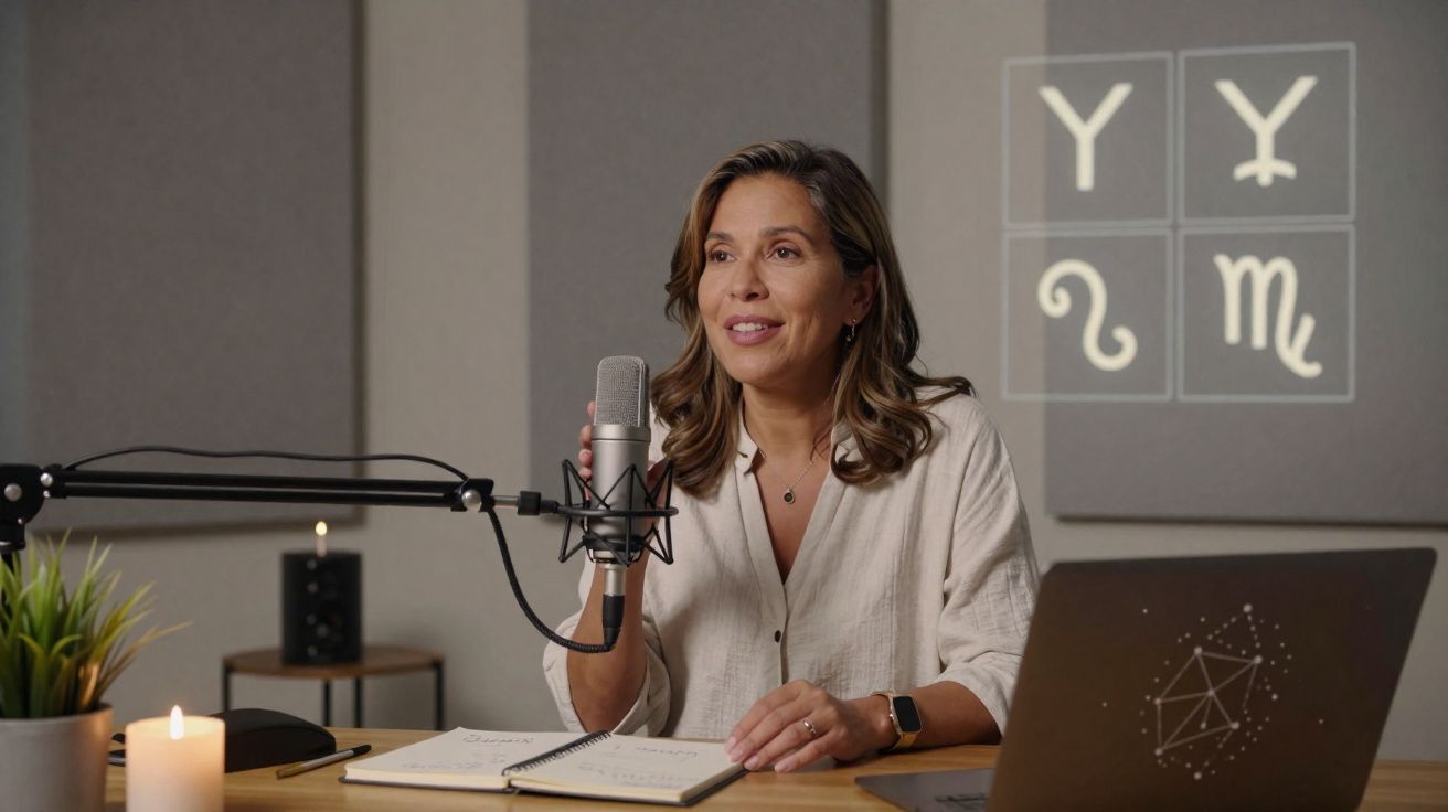 Mulher sorridente gravando podcast em estúdio com microfone, notebook e velas acesas na mesa.