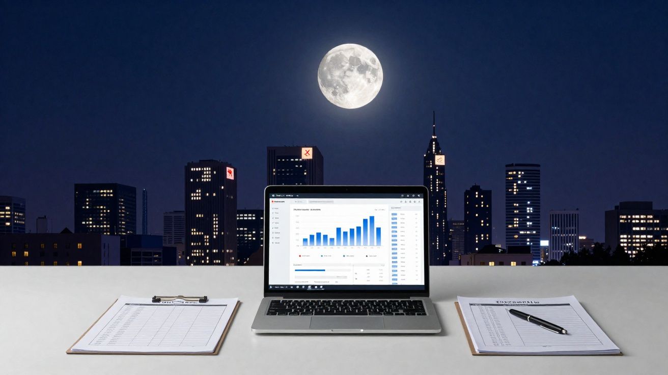 Mesa com laptop aberto exibindo gráfico, pranchetas e caneta, com cidade iluminada e lua cheia ao fundo à noite.
