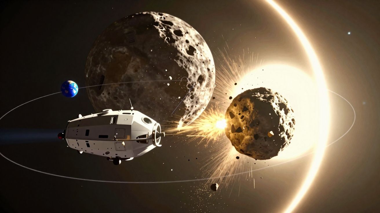 Nave espacial próxima a dois asteroides colidindo no espaço com a Terra ao fundo e um anel brilhante.