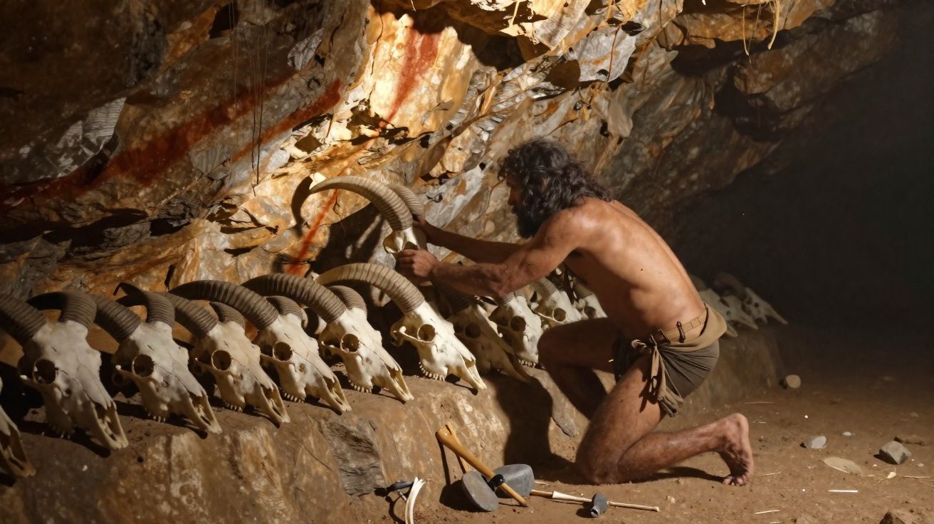 Homem pré-histórico ajoelhado organizando crânios de animais numa caverna iluminada pela luz amarela.