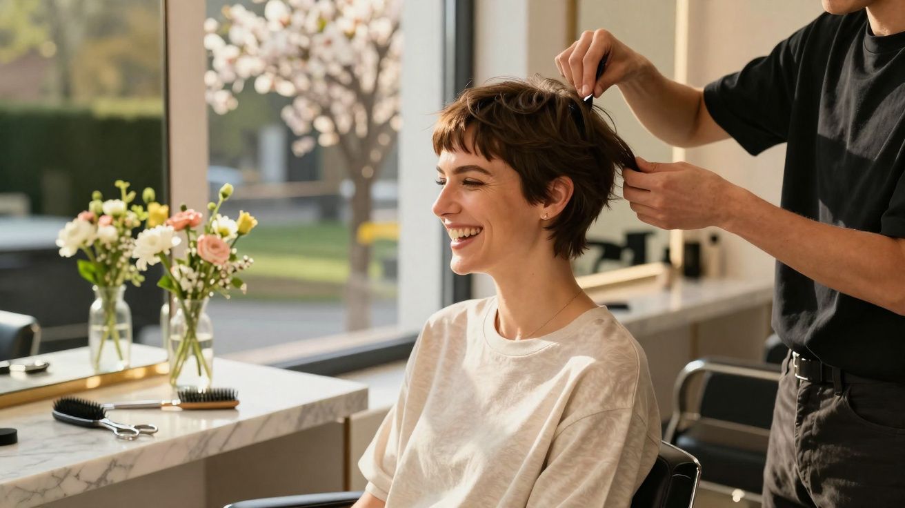 Mulher sorridente recebendo tratamento no cabelo em salão de beleza com flores na mesa ao fundo.