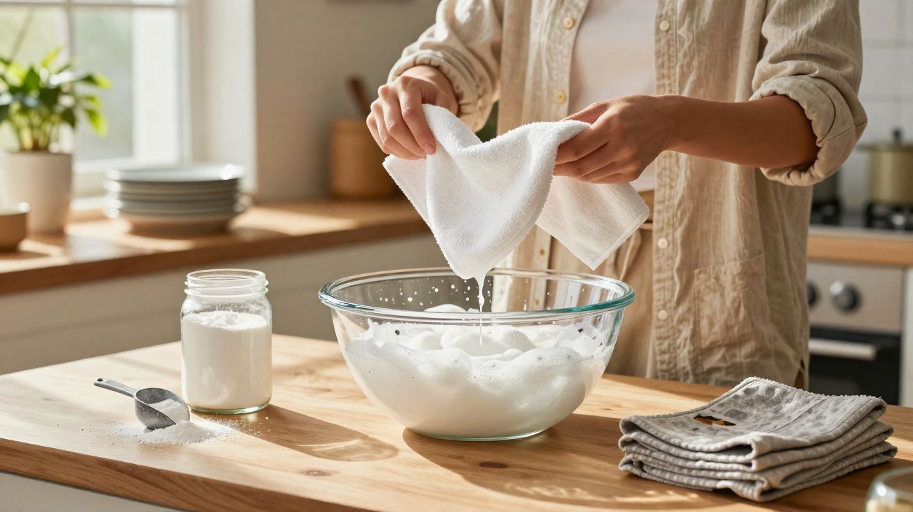 Pessoa espremendo pano sobre tigela com clara de ovo batida em cozinha iluminada natural.