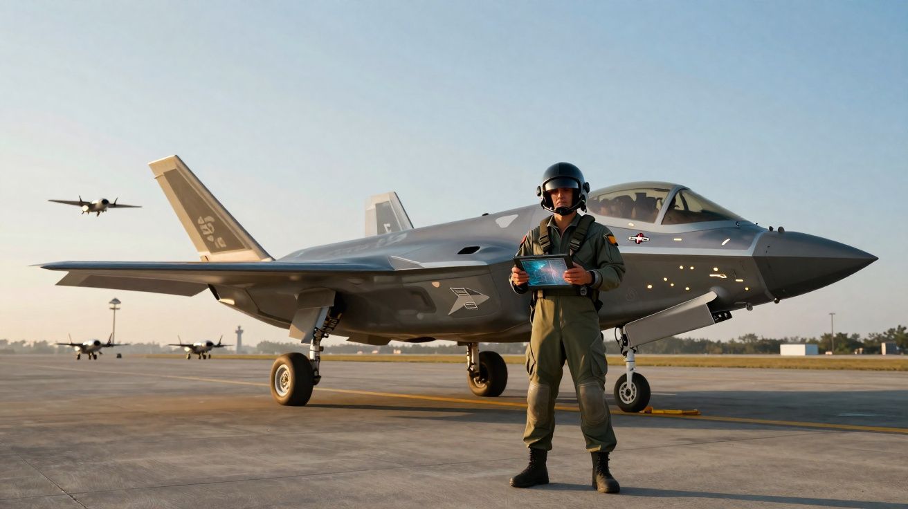 Piloto militar em frente a jato de caça estacionado em pista com céu claro ao fundo.