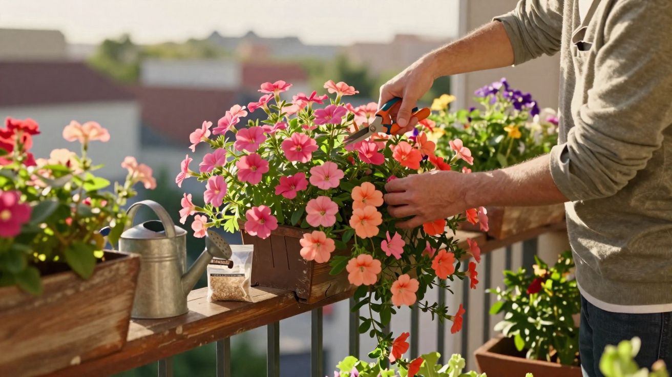 Pessoa cuidando de flores coloridas em vasos sobre um parapeito ensolarado de varanda.