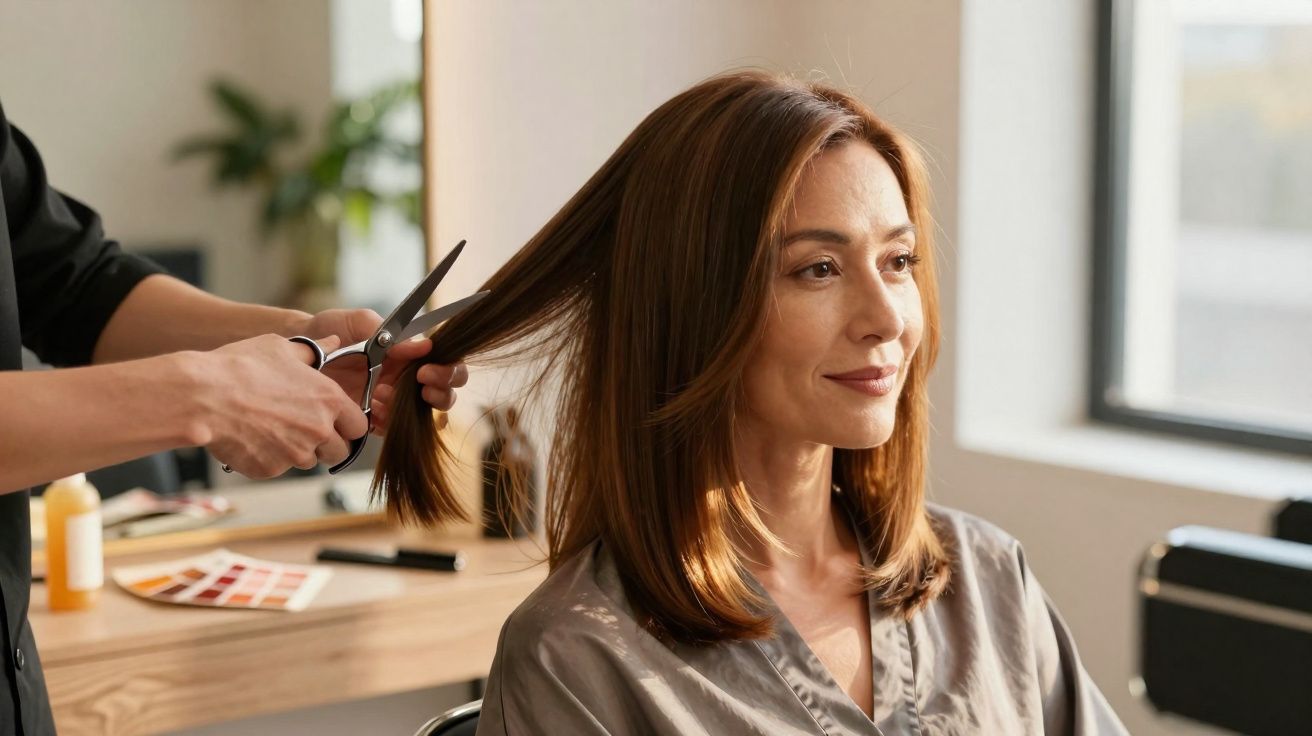 Mulher sorrindo sentada em salão enquanto cabeleireiro corta seu cabelo castanho médio próximo à janela.