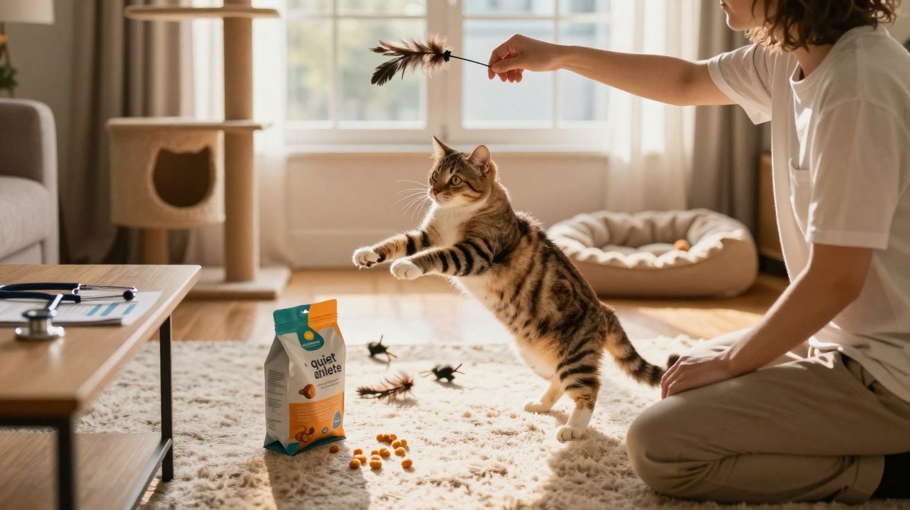 Pessoa brincando com gato usando brinquedo de pena em sala iluminada e acolhedora com petiscos no tapete.