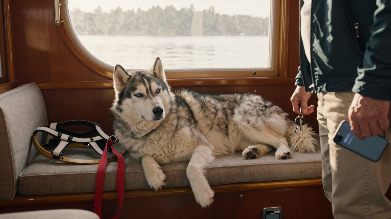 Cachorro husky deitado em banco de barco com coleira vermelha, ao lado de homem segurando chave e celular.