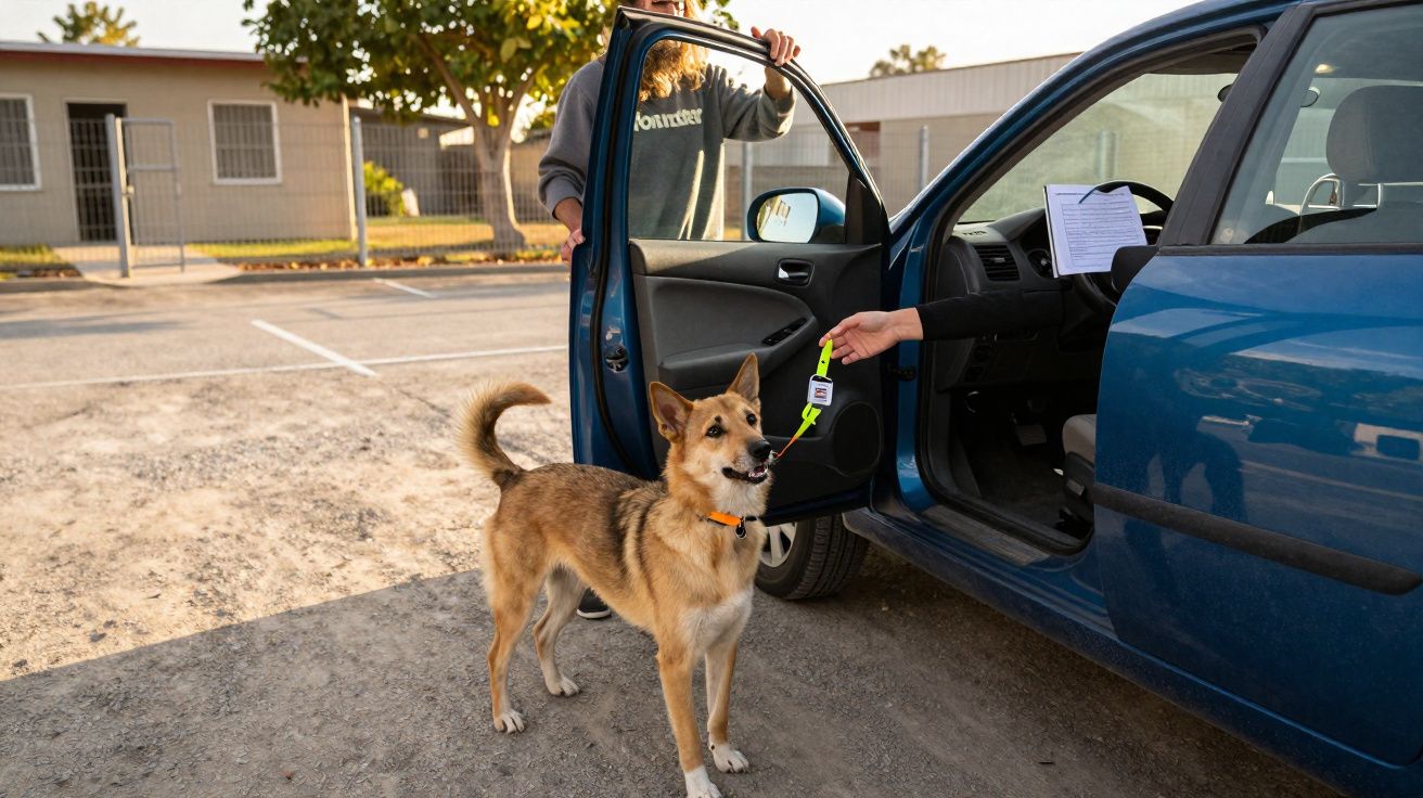 Cachorro sendo medido com dispositivo enquanto está perto de carro azul com porta aberta em estacionamento.