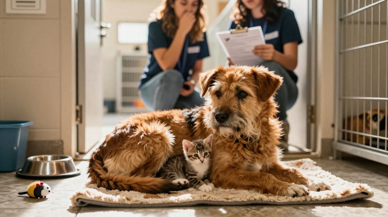 Cachorro e gato deitados juntos em tapete em abrigo, com duas voluntárias ao fundo observando.