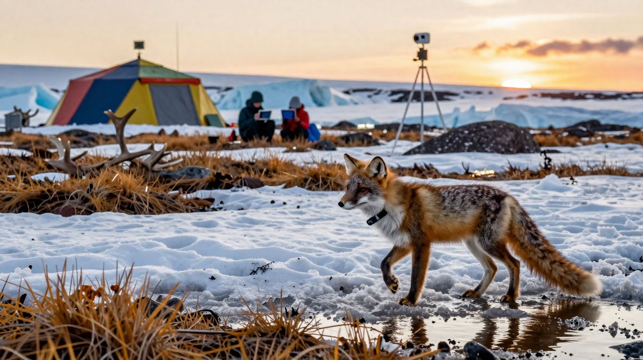 Raposa com coleira caminhando na neve perto de barraca colorida e pessoas sentadas ao pôr do sol.