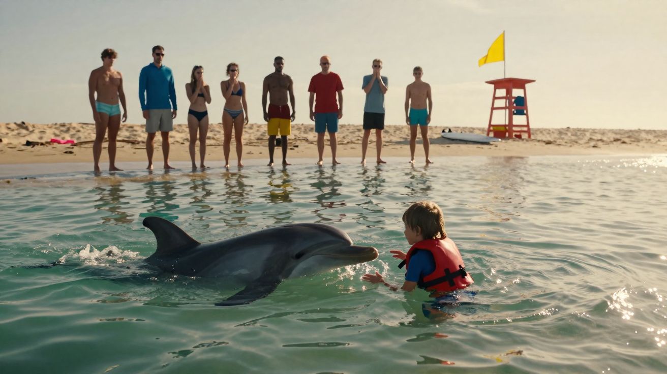 Criança com colete vermelho interage com golfinho no mar enquanto grupo observa da praia com bandeira amarela.