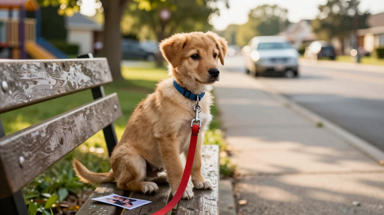Filhote de cachorro dourado com coleira azul sentado em banco de parque com guia vermelha.