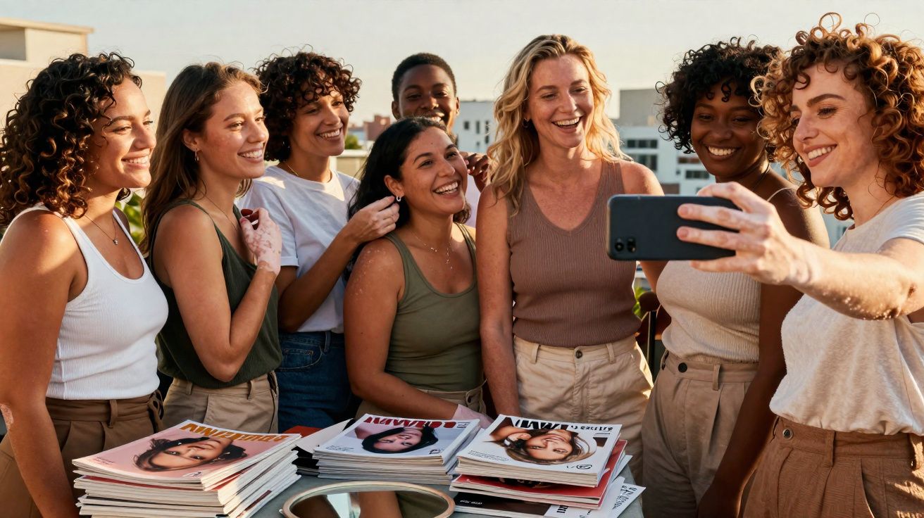 Grupo de mulheres sorrindo e tirando selfie ao ar livre com várias revistas sobre a mesa.