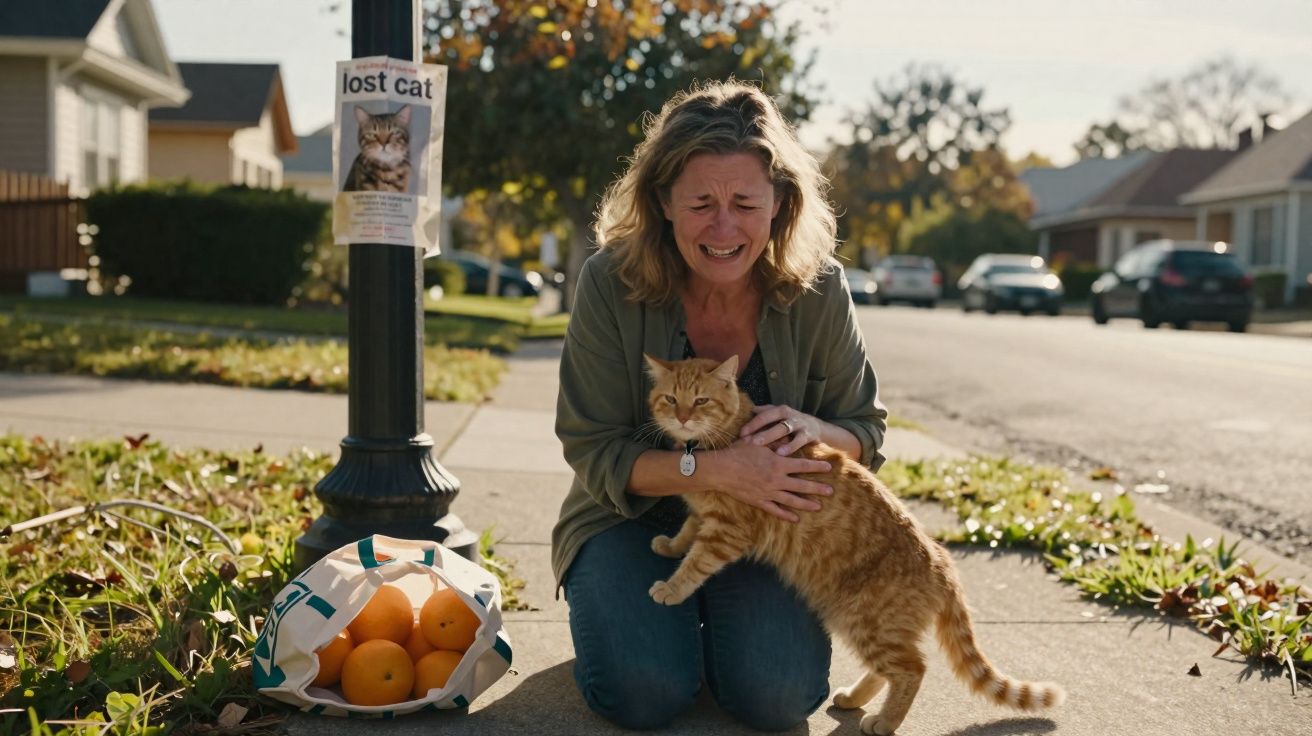 Mulher ajoelhada emocionada abraçando gato laranja na calçada perto de cartaz de gato perdido.