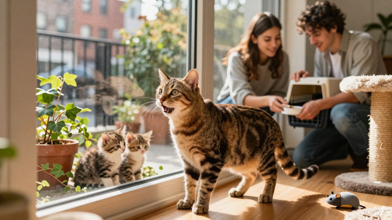 Gato adulto dentro de casa olhando dois gatinhos do lado de fora com casal ao fundo perto de caixa de transporte.