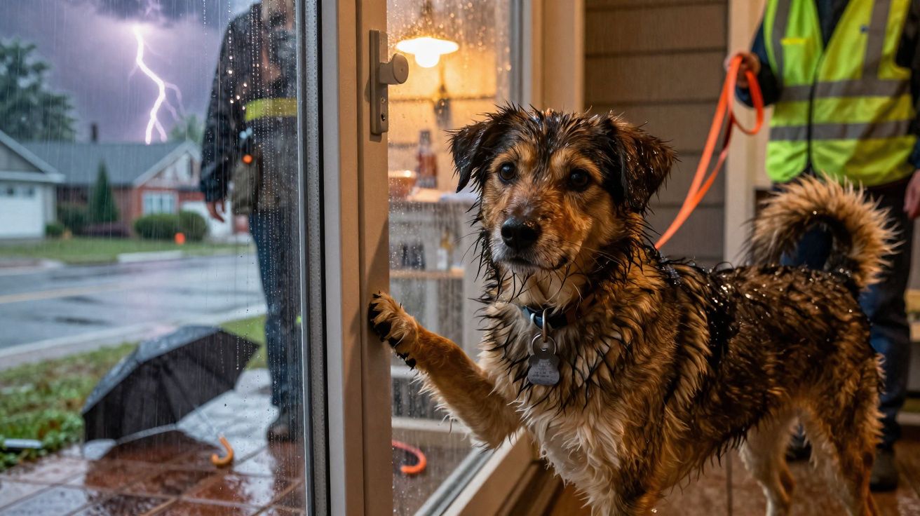 Cachorro molhado pede para entrar em casa durante tempestade com relâmpago e chuva forte.