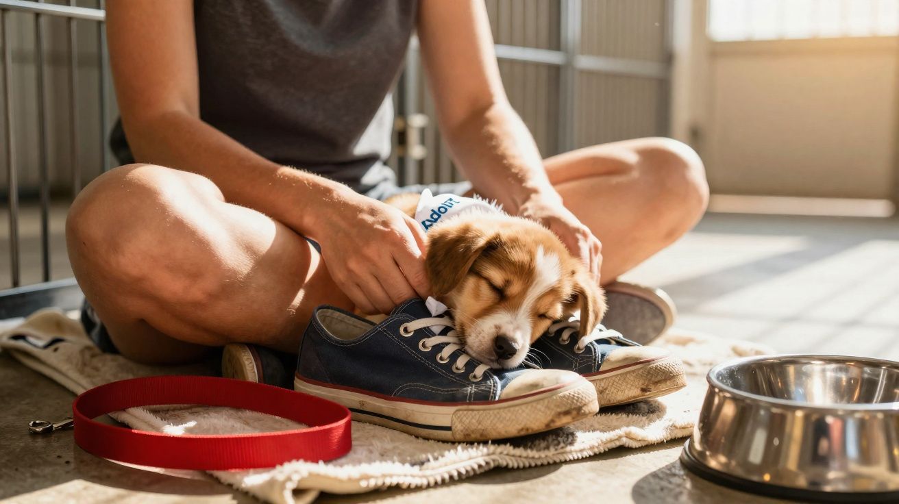 Cachorro dormindo sobre tênis azul aos pés de uma pessoa sentada no chão, com coleira e pote de água ao lado.