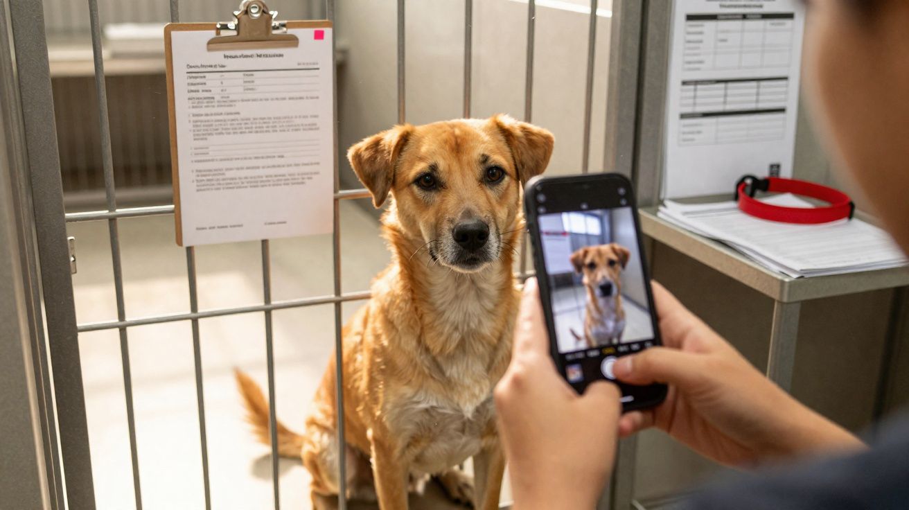 Cachorro marrom dentro de canil sendo fotografado por pessoa com celular.