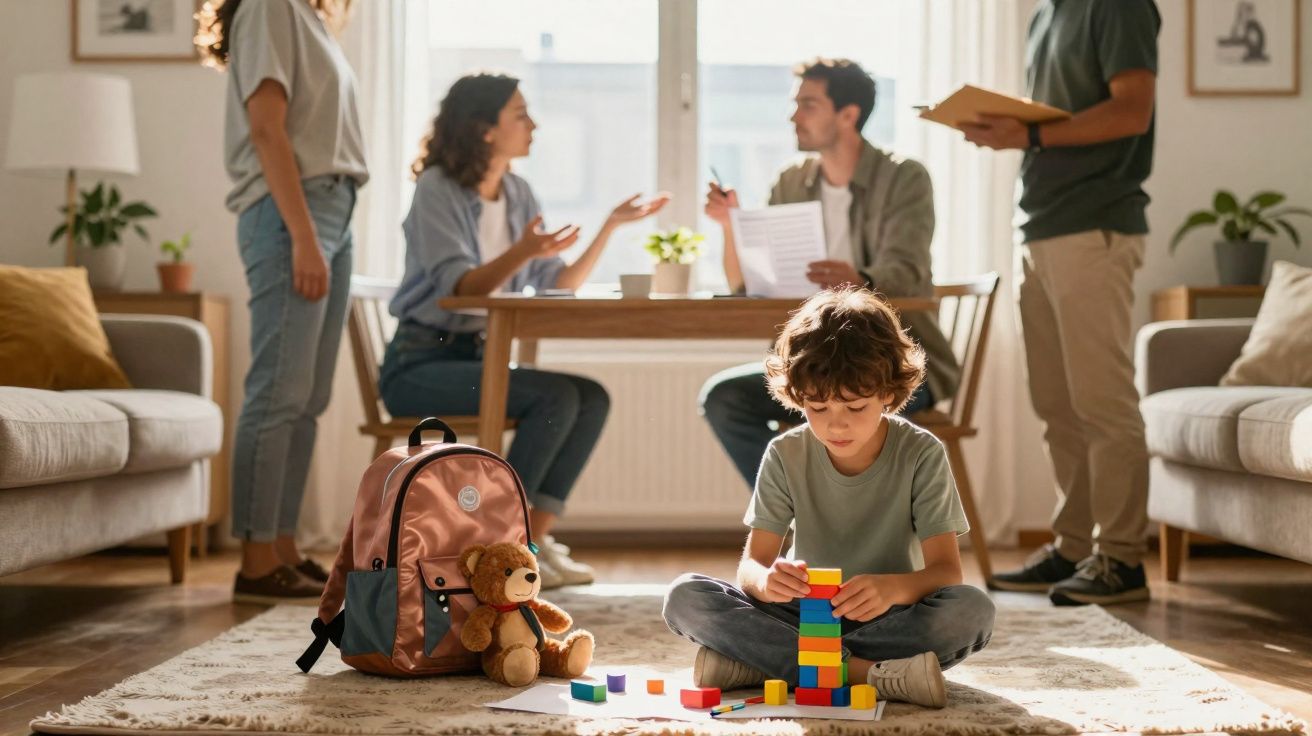 Criança brincando com blocos coloridos no tapete enquanto três adultos discutem ao fundo em sala de estar.