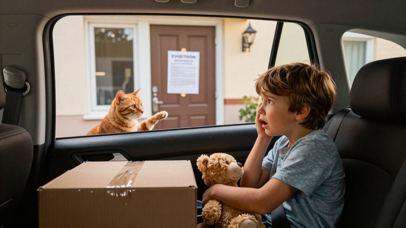 Menino segurando ursinho no carro olha surpreso para gato laranja na janela levantando a pata.