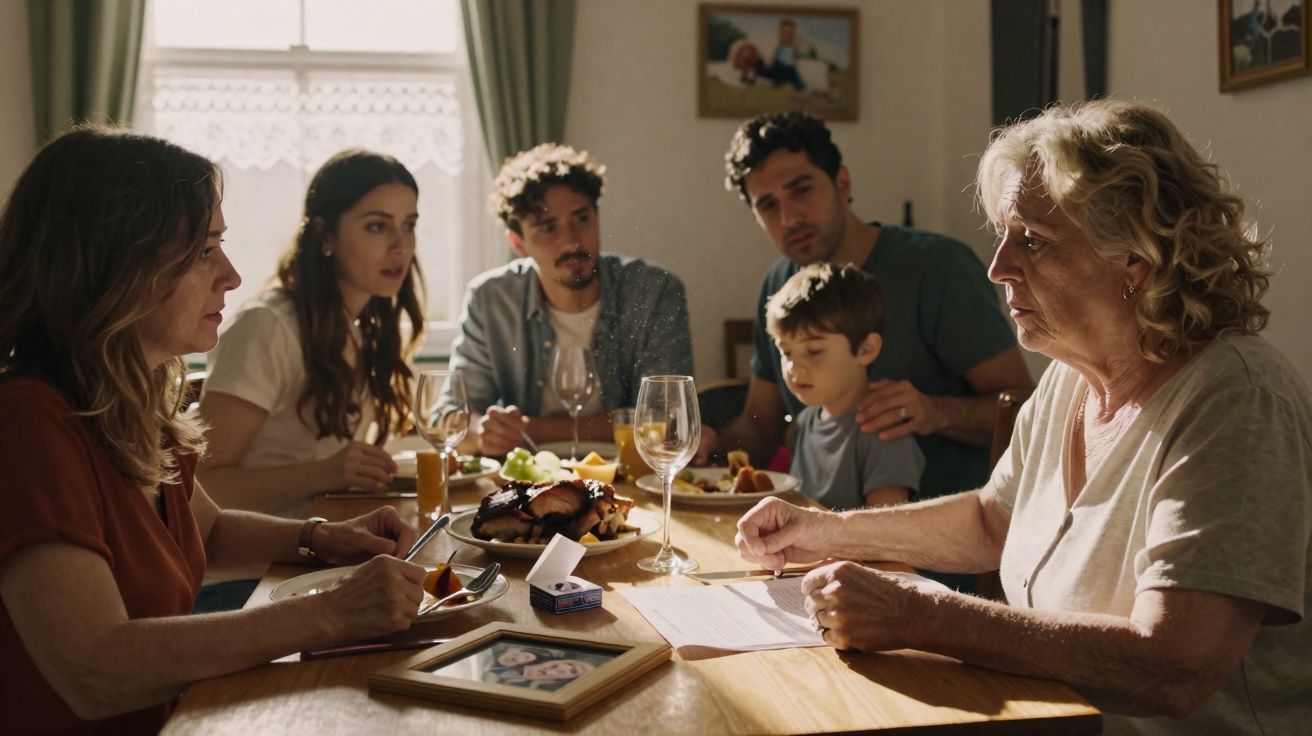 Família reunida em mesa de jantar discutindo com expressão séria em ambiente iluminado.