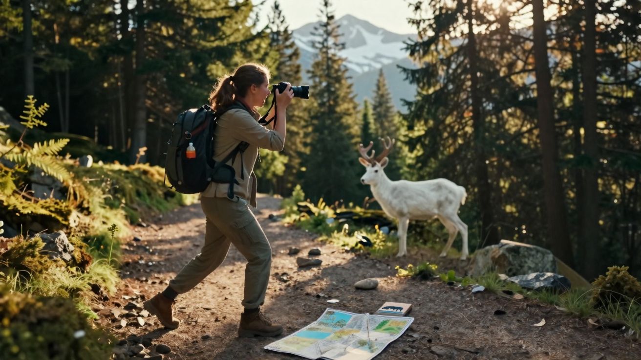 Mulher com mochila fotografando um cervo branco em trilha de floresta com montanha ao fundo.