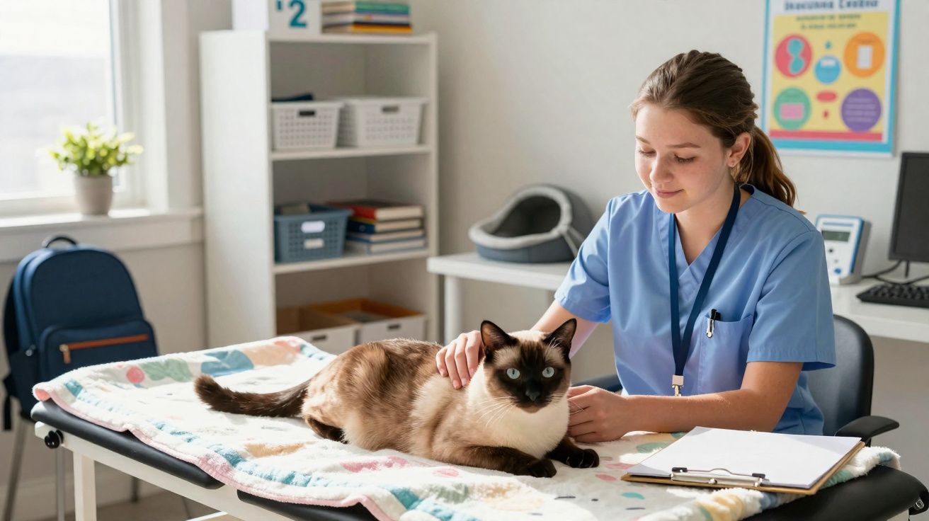 Veterinária examinando gato Siamês em clínica, em ambiente claro e organizado.