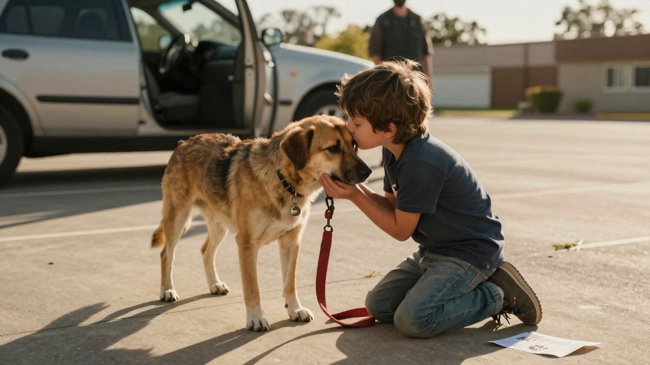 Menino ajoelhado beijando cachorro ao lado de carro estacionado em dia ensolarado.