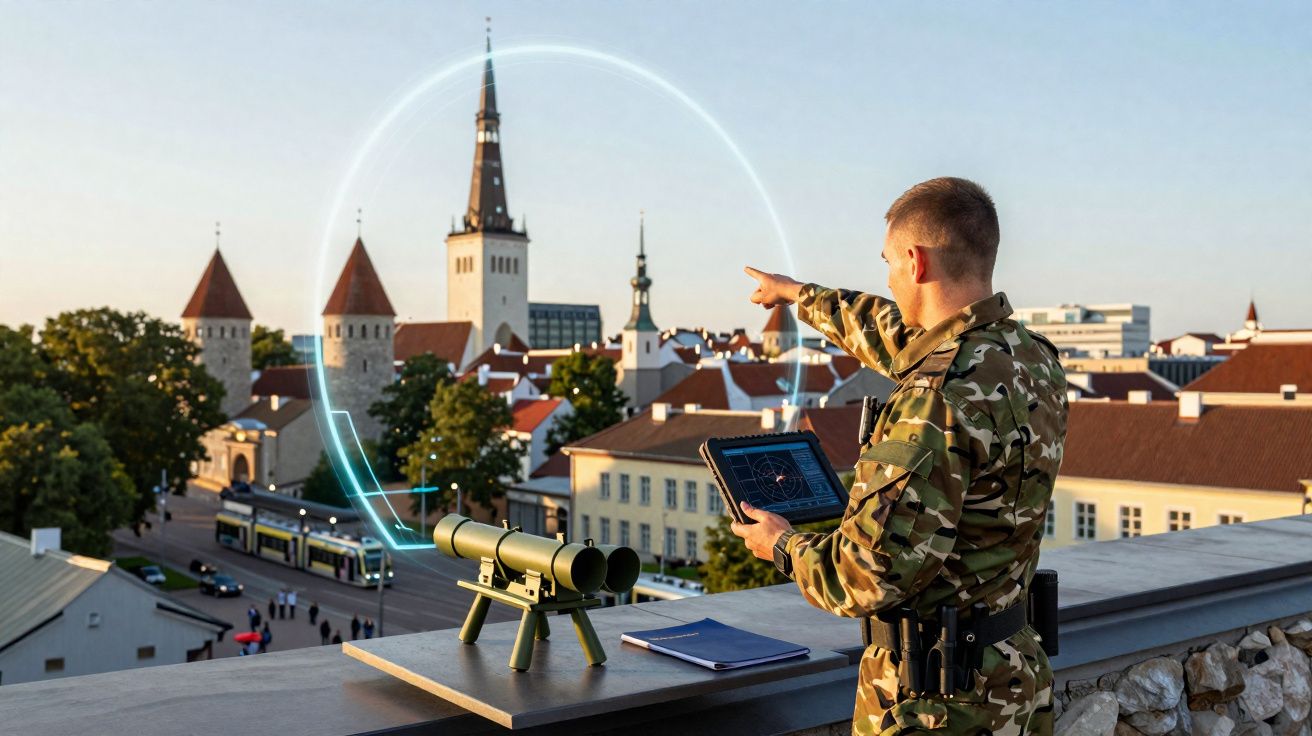 Militar com tablet apontando para cidade antiga com mapas digitais sobrepostos ao fundo.