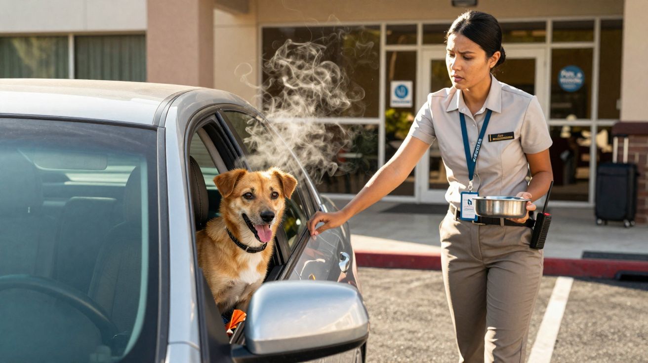 Mulher com uniforme leva tigela de água para cachorro em carro estacionado perto de prédio.