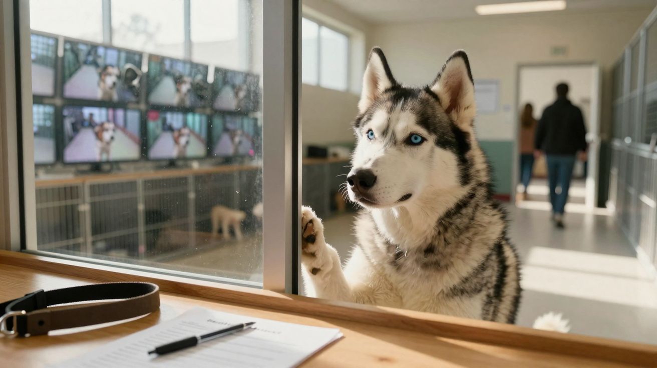 Cachorro Husky Siberiano olhando por vidro, com coleira e formulário em mesa, e pessoas ao fundo.