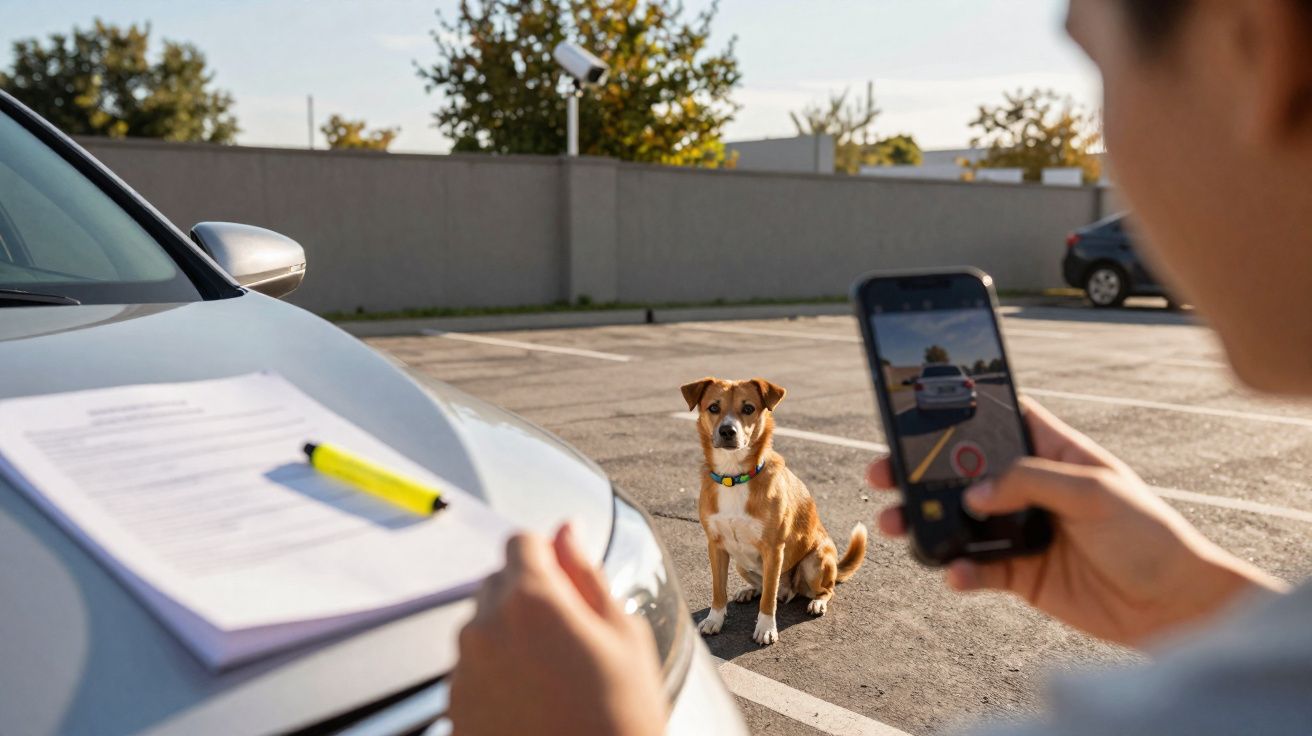 Pessoa registrando foto de cachorro sentado em estacionamento com documento e caneta no capô do carro.