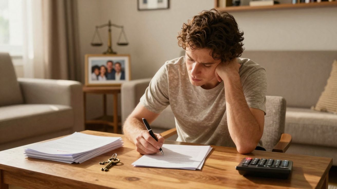 Jovem sentado à mesa escrevendo em papéis com calculadora e chave ao lado em sala de estar.