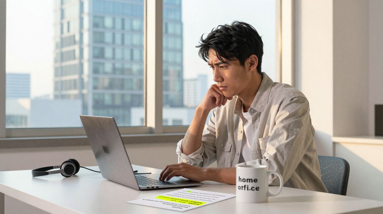 Homem concentrado sentado em mesa com laptop, papel e caneca em escritório com vista urbana ao fundo.
