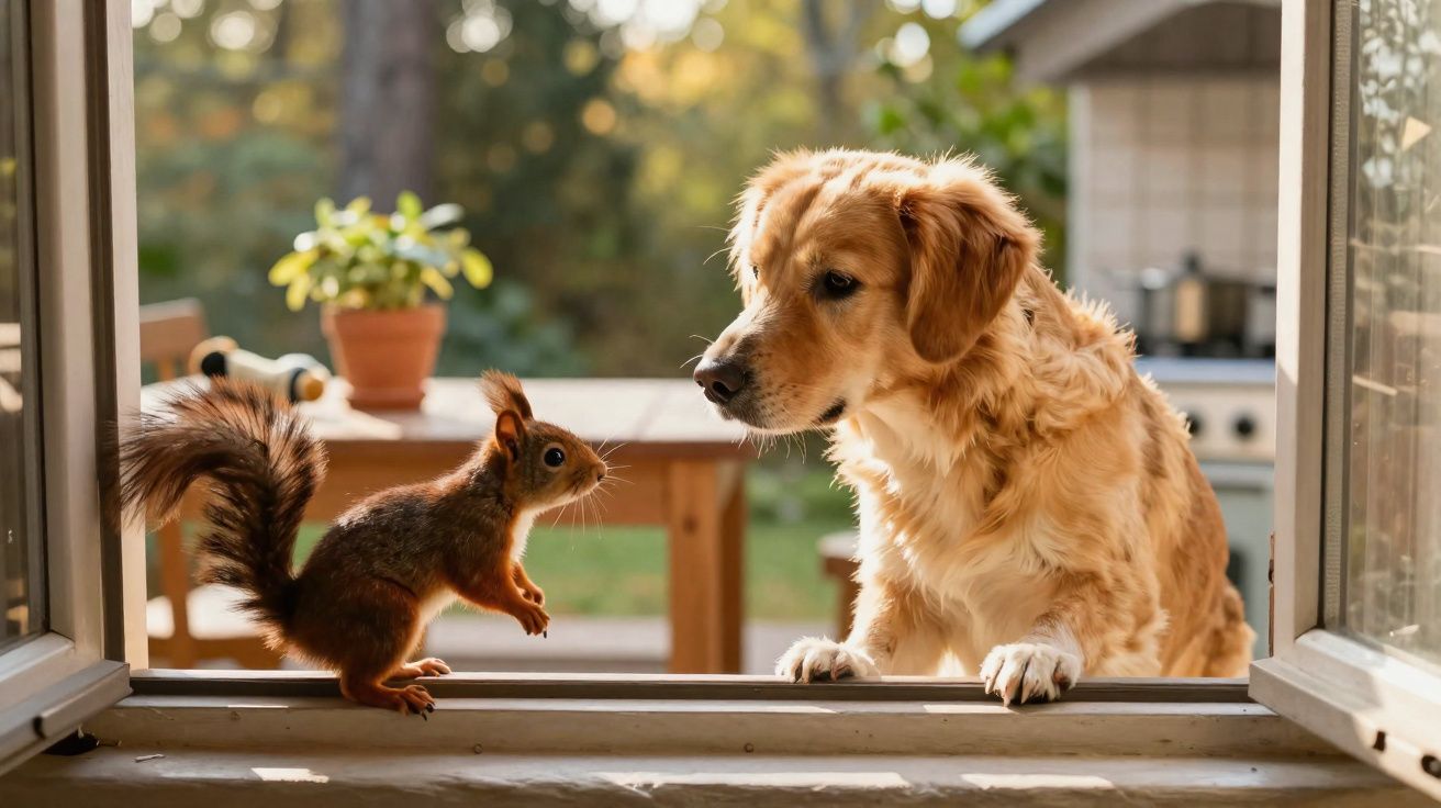 Cachorro dourado e esquilo se olhando através de uma janela aberta numa casa com luz natural.