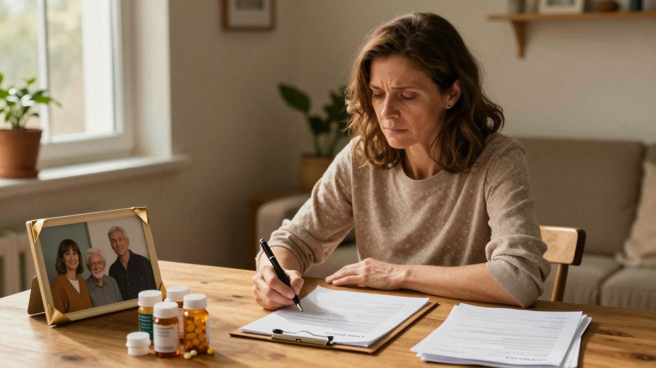 Mulher concentrada revisando documentos com medicamentos e foto de idosos sobre mesa de madeira.