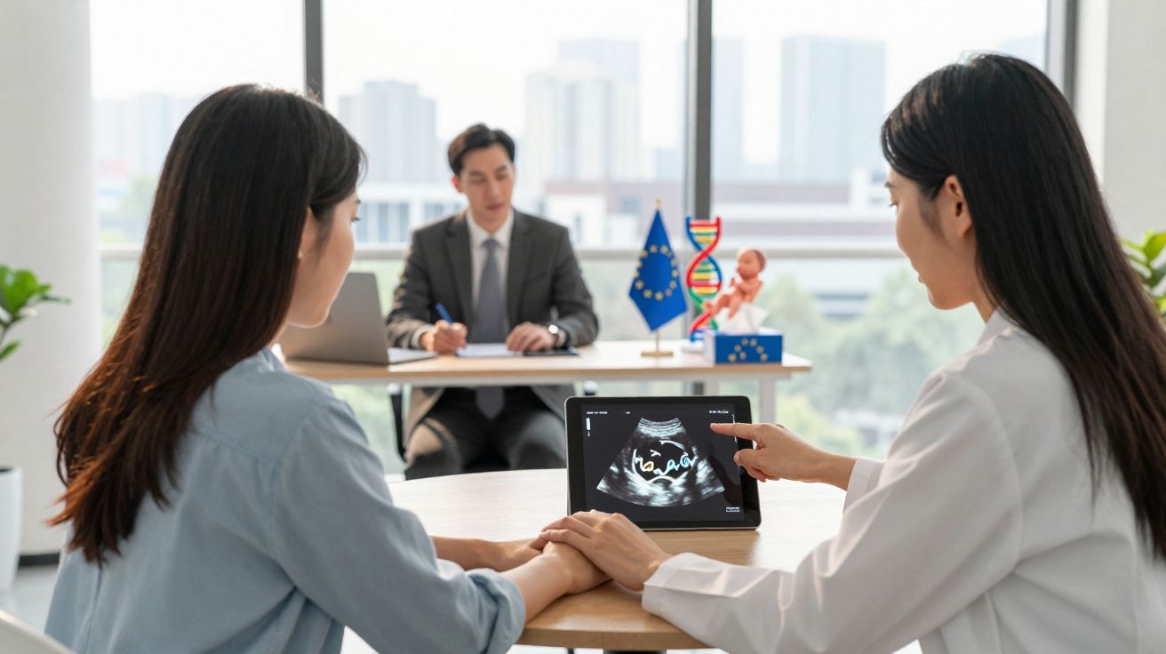 Mulher gravida e médica analisando ultrassom em tablet durante consulta em consultório moderno.