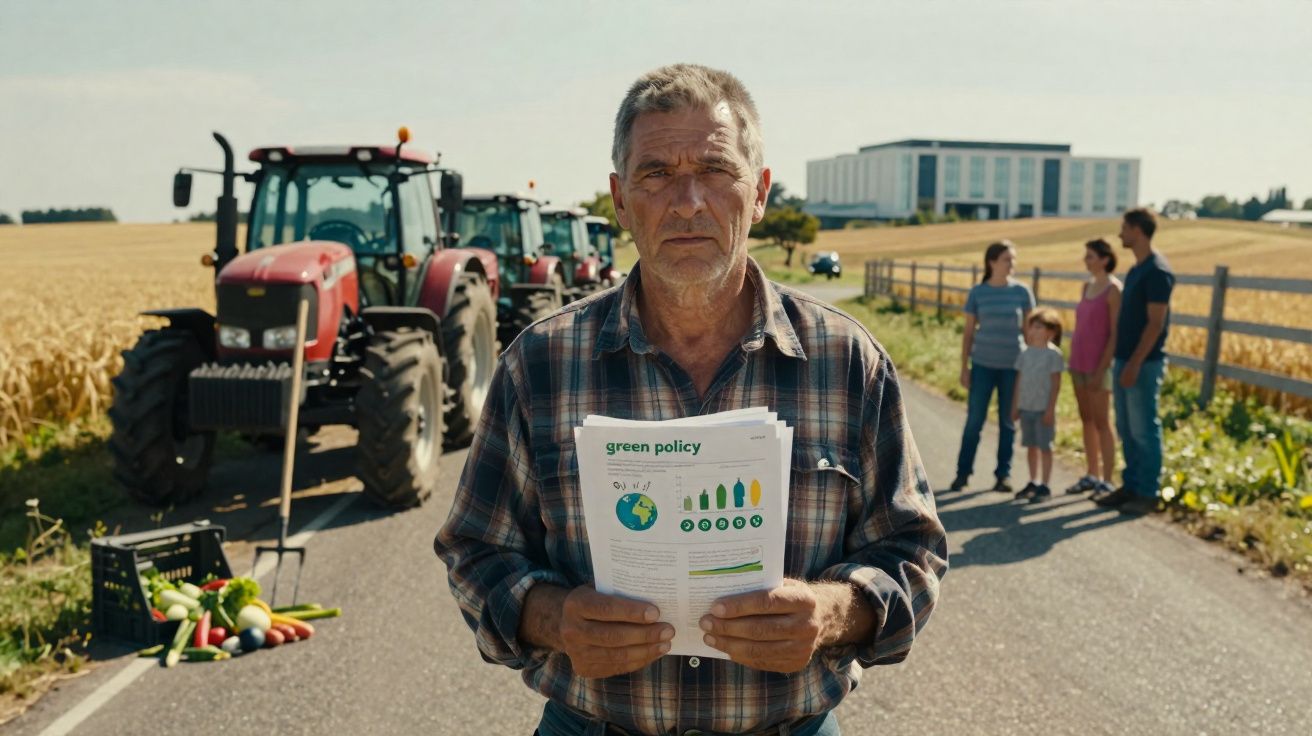 Homem com jornal sobre política ambiental em estrada rural, com tratores e família ao fundo.