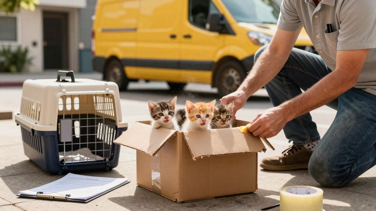 Gatinhos em caixa de papelão ao lado de transportadora e homem cuidando deles na calçada.