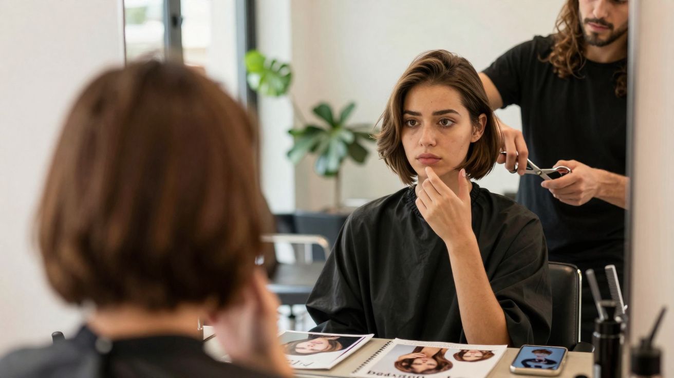 Mulher olhando no espelho no salão de beleza enquanto cabeleireiro corta seu cabelo curto.