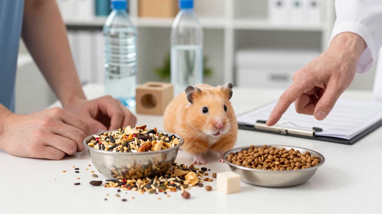 Hamster marrom ao lado de potes com comida para roedor em mesa com pessoas ao fundo.