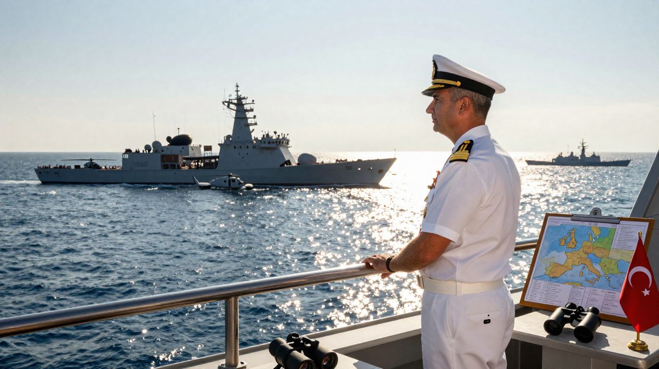Oficial da marinha turca em pé no convés observando navios militares no mar ao entardecer.