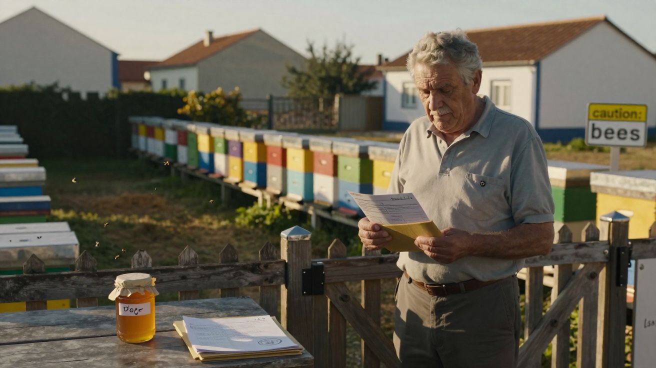 Homem idoso lê documento em apiário com colmeias coloridas e frasco de mel sobre mesa de madeira.