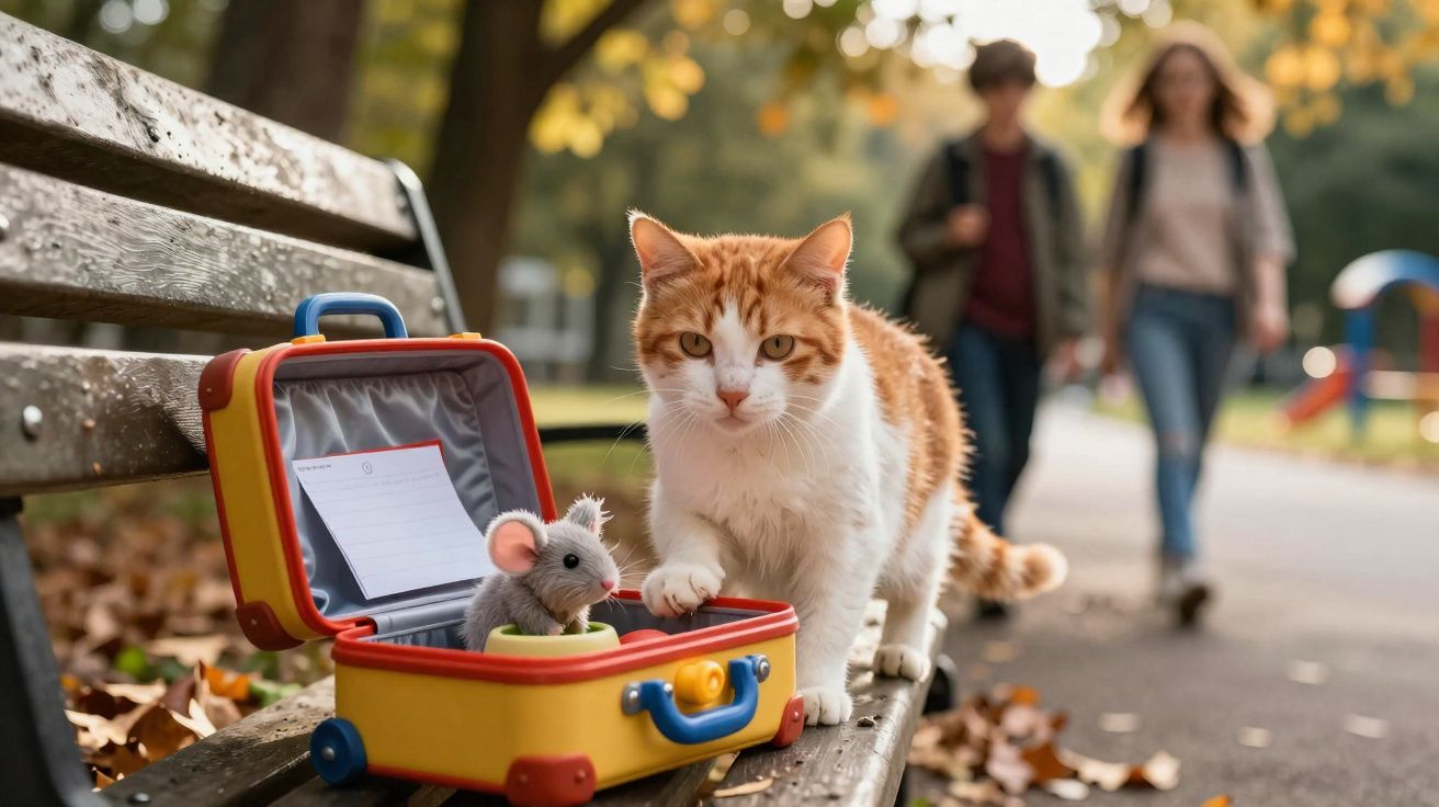 Gato laranja e branco ao lado de uma mala de brinquedo com um rato de pelúcia em banco de parque.