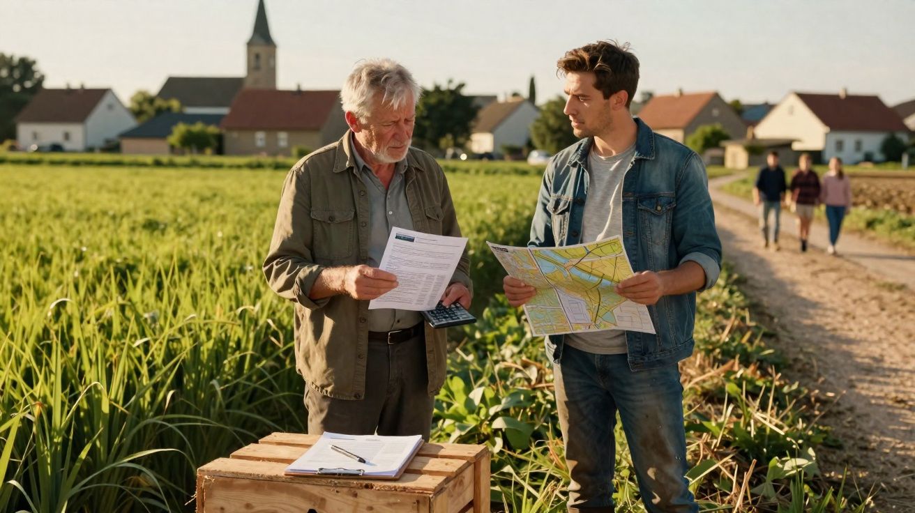 Dois homens discutem documentos e mapa em campo agrícola com casas e pessoas ao fundo.