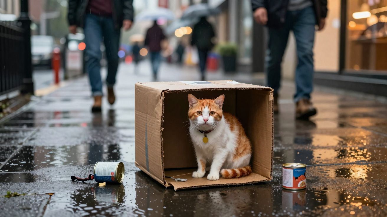 Gato laranja e branco dentro de caixa de papelão na calçada molhada com latas de comida ao redor e pessoas ao fundo.