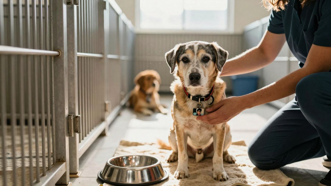 Cachorro sentado em cobertor próximo a comedouro, sendo cuidado por pessoa em abrigo ou clínica veterinária.